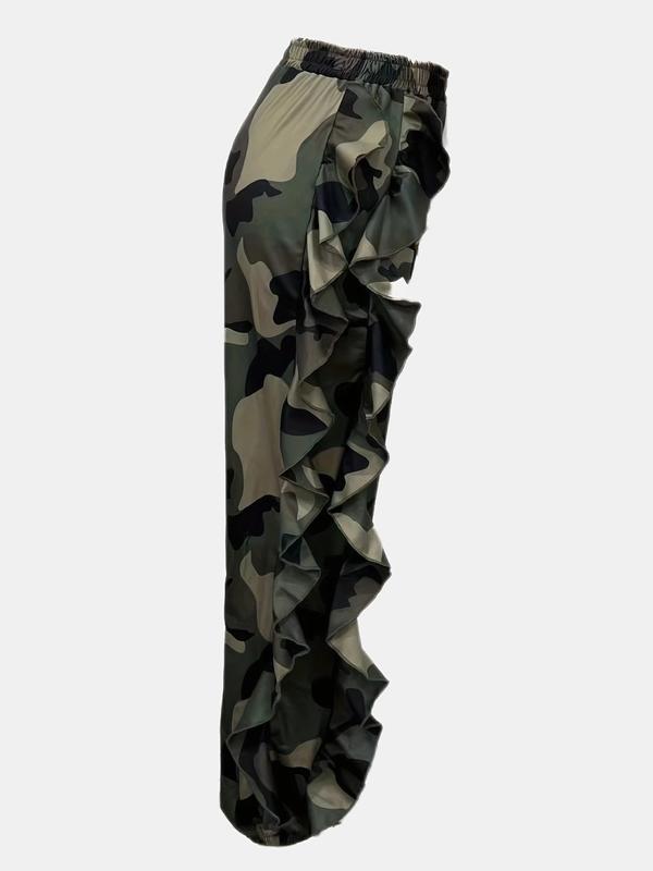 Women's Camo Print Ruffle Trim Drawstring Waist Pants, Fitted Streetwear Clothes, Pants for Women, Summer Outfits, Breathable Comfy High Waist Trousers, Womenswear Clothes