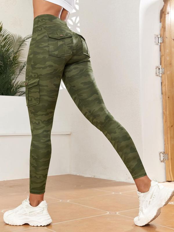 Women's Camo Print Flap Pocket Leggings, Comfort Women Clothing, Casual High Waist Skinny Pants, Leggings for Women, Ladies Bottoms for All Seasons