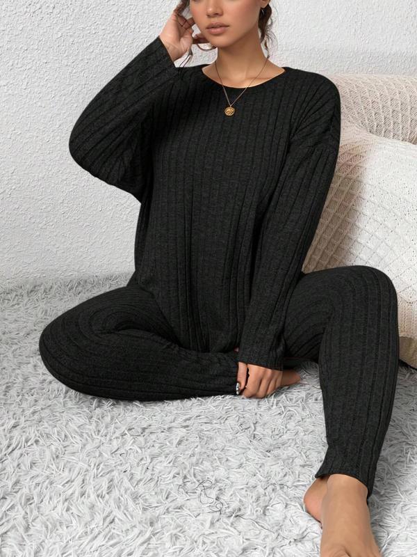  Two-Piece Set Solid Drop Shoulder Top & Skinny Pants Ribbed Pajama Set, Casual Comfy Round Neck Long Sleeve Top & Trousers Set, Women's Sleepwear for Fall & Winter