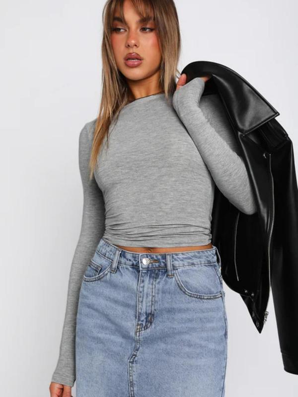 Women's Plain Ruched Round Neck Crop Tee, Casual Long Sleeve Crewneck T-shirt, Y2k Trendy Basic Lady Going Out Streetwear Tops, Latina School Fall Outfit, Womenswear Vintage Clothing