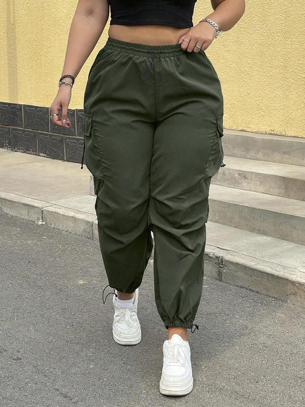 Women's Solid Drawstring Waist Cargo Pants, Casual Pocket Trousers for Daily Wear, Pants for Women, Ladies Bottoms for Fall & Winter