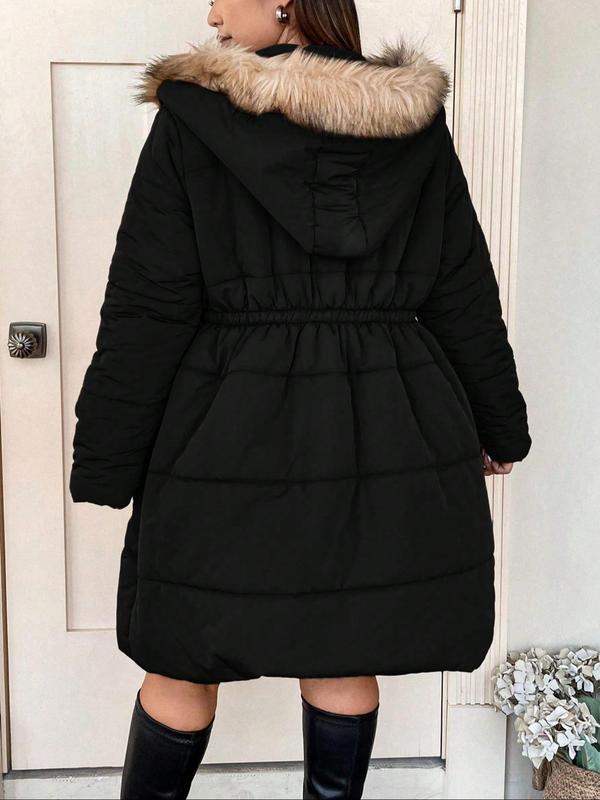  Solid Button Front Pocket Faux Fur Trim Hooded Winter Coat, Casual Long Sleeve Outerwear for Fall & Winter, Gift Set for Women, Coats for Winter Women 2024, Fall Outfits, Fallfreshness, Winter Clothes Women Winter Jacket