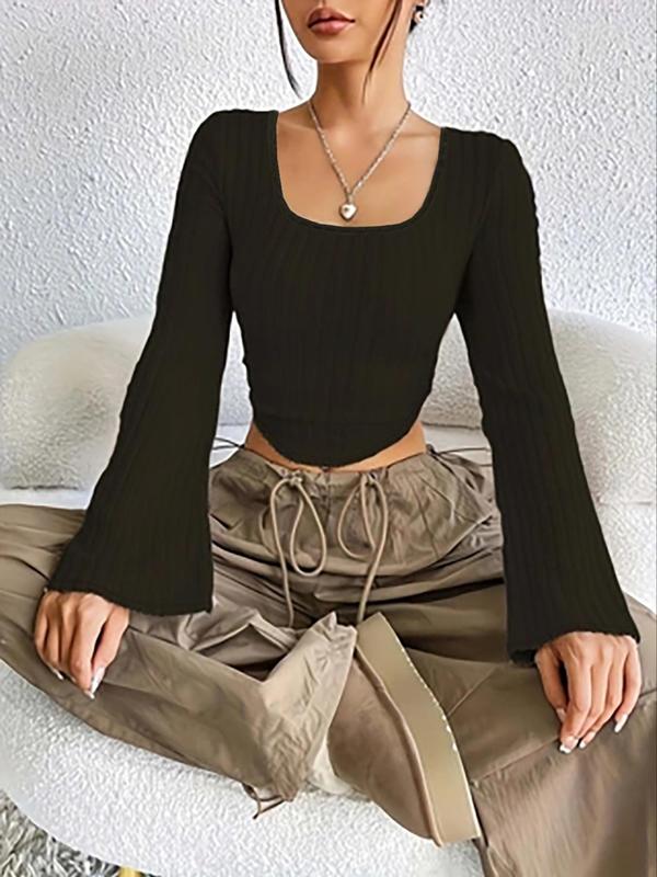 Women's Flounce Sleeve Curved Hem Crop Tee, Fall Outfits, Casual Plain Long Sleeve Square Neck T-shirt, Women Fall T Shirts  , Ladies Top Clothes for Daily Wear, Black Girl Outfits