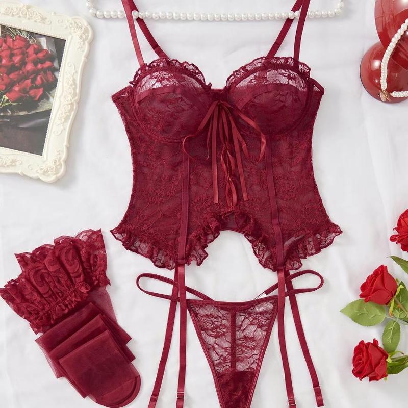 Women's 3pcs Adjustable Strap Backless Lace Lingerie Set, Tie Front Cami Top & Sheer Thong & Ruffle Stockings Set, Lingerie for Women,  Women's Lingerie, Womenswear Comfort Bridal Spaghetti Strap Floral Lace Women's Sexy Women's Silk romantic underwear