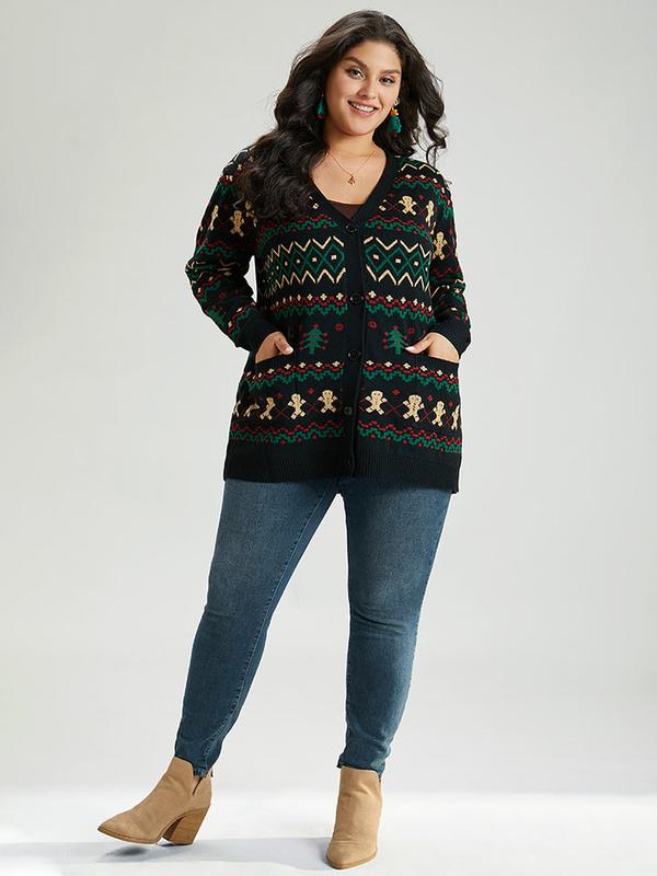 BloomChic Christmas Trees & Gingerbread Man Print Pocket Cardigan