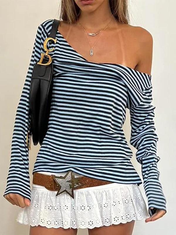 Women's Striped Print V Neck Tee, Fall Clothes, Casual Long Sleeve T-shirt for Fall, Women's Clothing for Daily Wear, Black Girl Outfits