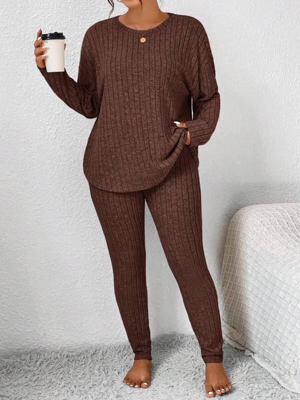  Two-Piece Set Solid Drop Shoulder Top & Skinny Pants Ribbed Pajama Set, Casual Comfy Round Neck Long Sleeve Top & Trousers Set, Women's Sleepwear for Fall & Winter