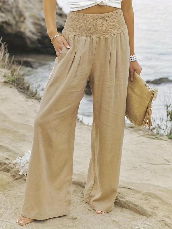 Women's Plain Pocket Shirred Wide Leg Pants, Going Out Outfits 2024, Casual Comfy High Waist Straight Leg Trousers for Summer, Fashion Women's Bottoms for Daily Wear