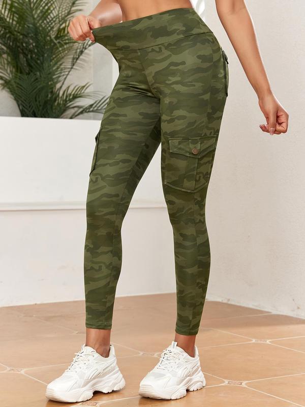 Women's Camo Print Flap Pocket Leggings, Comfort Women Clothing, Casual High Waist Skinny Pants, Leggings for Women, Ladies Bottoms for All Seasons