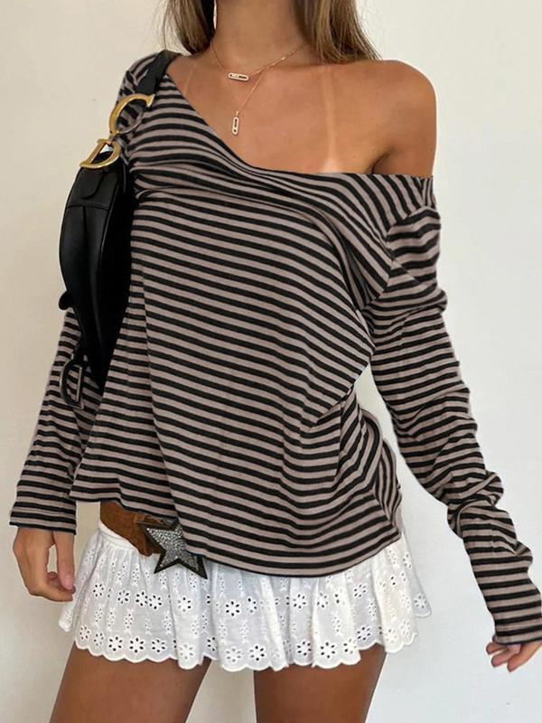 Women's Striped Print V Neck Tee, Fall Clothes, Casual Long Sleeve T-shirt for Fall, Women's Clothing for Daily Wear, Black Girl Outfits