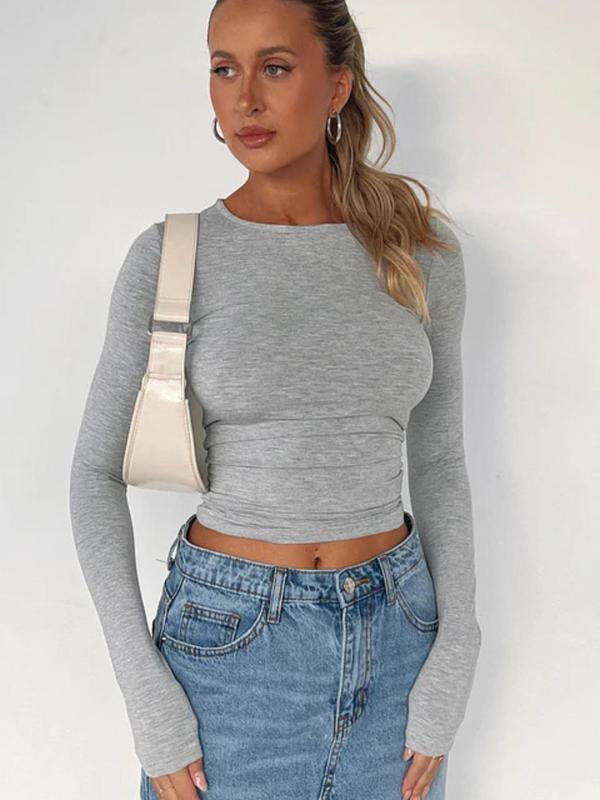 Women's Plain Ruched Round Neck Crop Tee, Casual Long Sleeve Crewneck T-shirt, Y2k Trendy Basic Lady Going Out Streetwear Tops, Latina School Fall Outfit, Womenswear Vintage Clothing