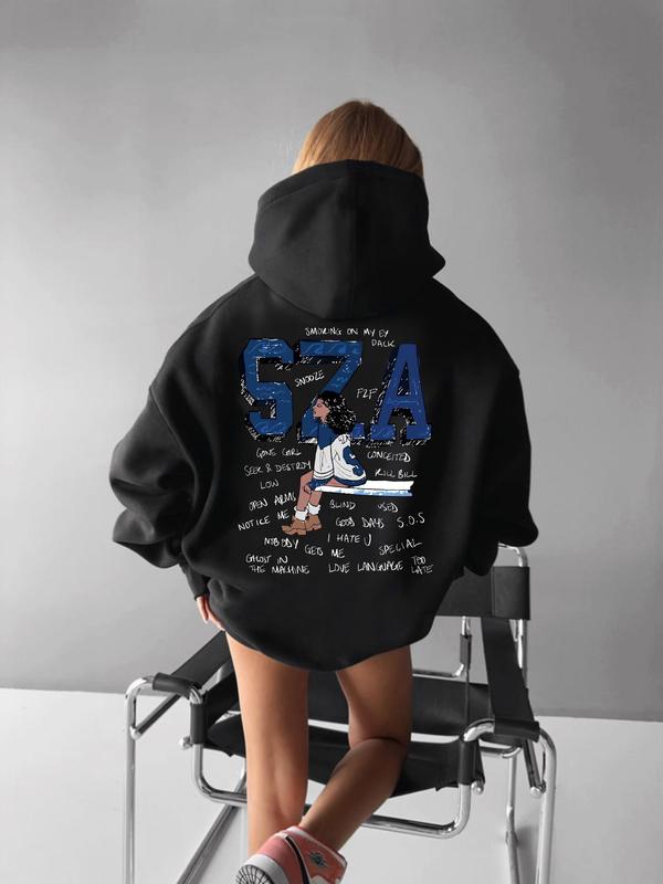 Women's Cartoon Sza & Letter Print Drawstring Pocket Hoodie, Fashion Casual Hooded Sweatshirt for Daily Holiday Outdoor Wear, Women Clothing for Fall & Winter