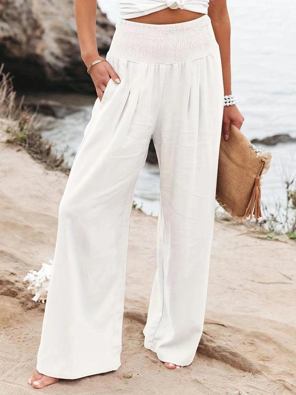 Women's Plain Pocket Shirred Wide Leg Pants, Going Out Outfits 2024, Casual Comfy High Waist Straight Leg Trousers for Summer, Fashion Women's Bottoms for Daily Wear