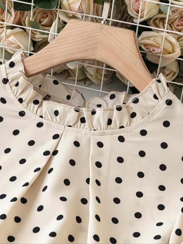  Polka Dot Print Frill Trim Shirred Blouse, Elegant Flounce Sleeve Keyhole Back Top for Fall & Winter, Women's Clothes for Daily Wear