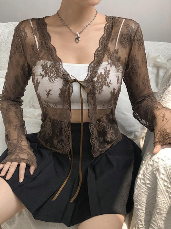 Women's Floral Print See Through Lace Top, Y2K Clothes, Elegant Scallop Trim Tie Front Open Front Top For Summer, Fashion Casual Women's Clothes For Daily Wear