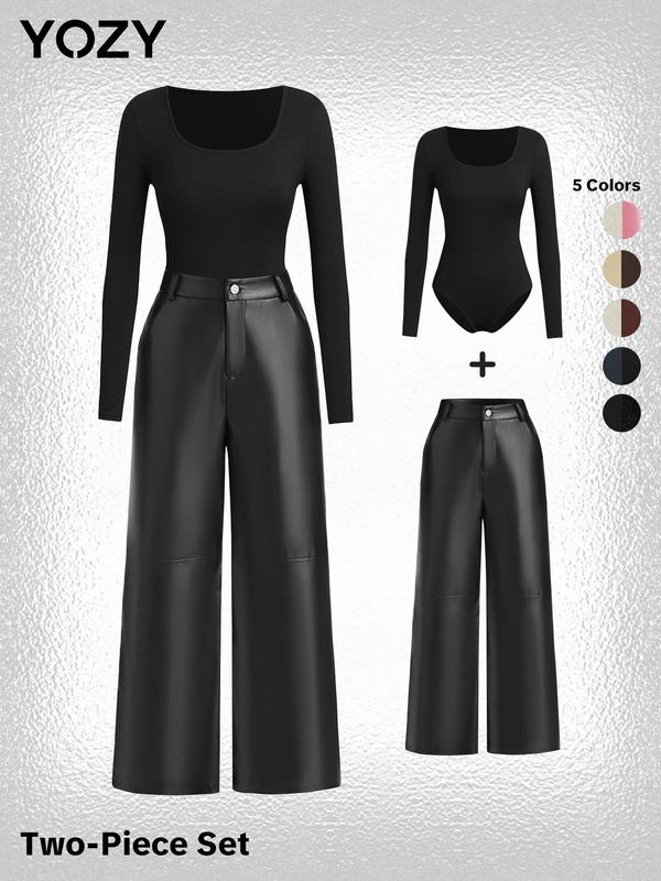 YOZY Christmas Deals, Square Neck Bodysuit & Pocket Button Pants Set, Button Closure Crotch Bodysuit & Fashion PU Leather Pants, 2024 Women's Daily Wear for Spring & Fall, Christmas 2024 Trend, Fall & Winter Outfits