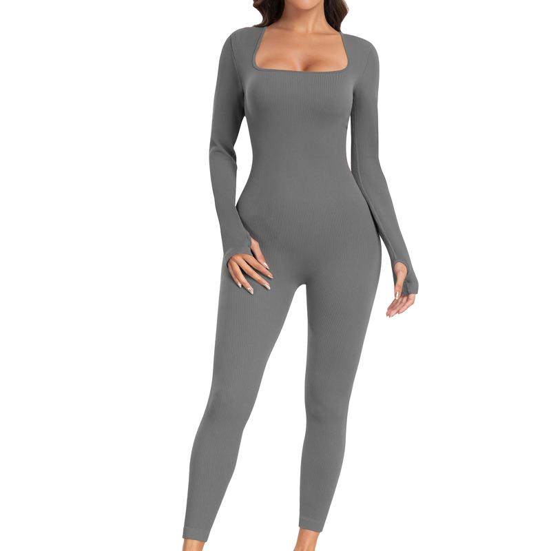 Women Ribbed One Piece Jumpsuits Long Sleeve Jumpsuits Casual