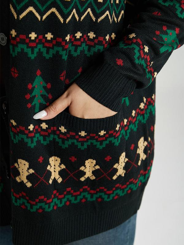 BloomChic Christmas Trees & Gingerbread Man Print Pocket Cardigan