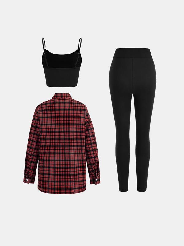 YOZY Three-Piece Set Women's Plaid Print Button Front Shirt & Cami Top & Leggings Set, Casual Drop Shoulder Long Sleeve Top & Adjustable Strap Camisole & Skinny Pants for Daily Wear, Ladies Three-Piece Outfits for All Seasons