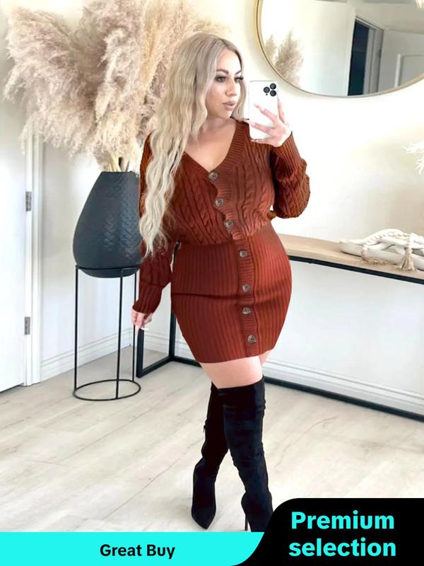 Women's Plain Button Front V Neck Sweater Dress, Casual Cable Knit Long Sleeve Knitwear for Fall & Winter, Dresses for Women, Ladies Clothes for Daily Wear Casual Wear