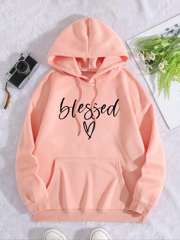 Women's Letter & Heart Print Drawstring Pocket Hoodie, Casual Long Sleeve Hooded Sweatshirt for Spring & Fall, Fashion Women's Clothes for Daily Wear