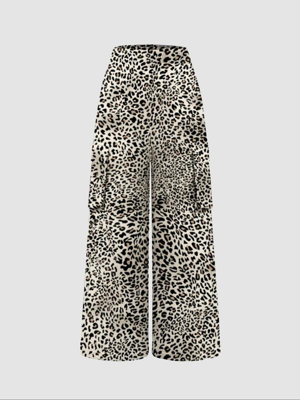 Women's Leopard Print Pocket Wide Leg Pants, Casual Comfy Trousers for Daily Wear, Comfortable Ladies Bottoms for All Seasons, Womenswear