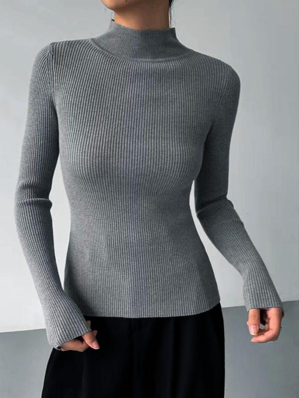 Women's Minimalist Mock Neck Long Sleeve Sweater, Slim-fit Long Tight Sleeve Knit Top, Fall & Winter Knitwear for Lady,  Womenswear, 2024 Trendy Women Outfits, Downtown Girl Clothes Downtown Girl Clothes