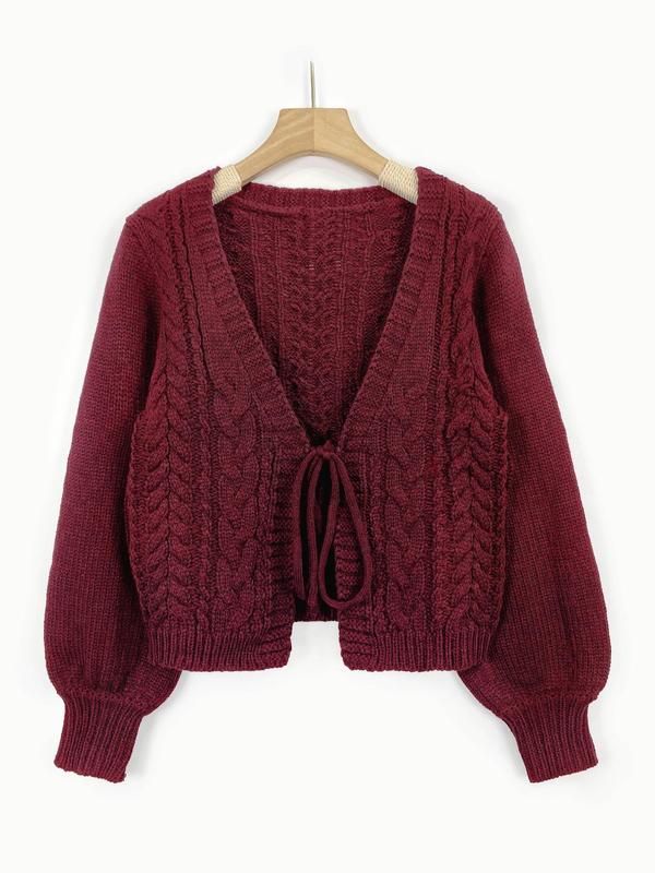 Women's Solid Long Sleeve Tie Front Sweater Cardigan, Casual V Neck Lantern Sleeve Knitwear for Spring, Cardigan for Women, Crochet Top, Cropped Cardigan, Women Back To School Clothing for Daily Wear, Vintage Clothing Fall Outfits, Earthtone Fallfreshness