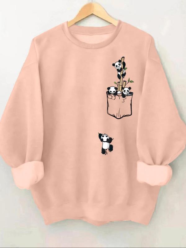 Women's Panda Print Round Neck Sweatshirt, Casual Long Sleeve Crew Neck Pullover for Fall & Winter, Fashion Women's Top for Daily Wear