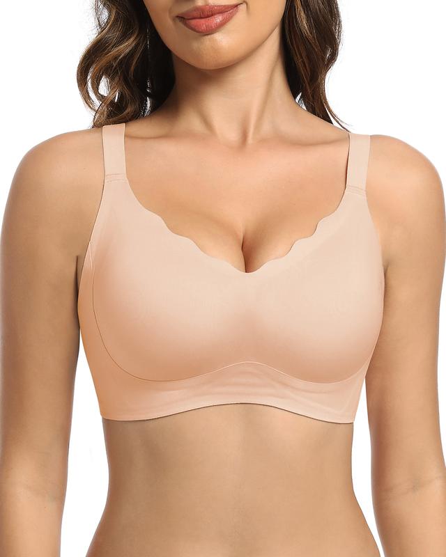 Scalloped Bras for Women No Underwire Push Up Wireless Bralettes V Neck Seamless Bra