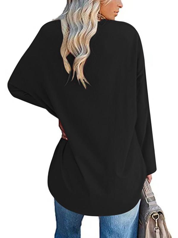 Plus Size Solid Drop Shoulder V Neck Tee, Casual Long Sleeve T Shirts for Women for Daily Wear, Women Plus Clothing for All Seasons, Fall Outfits, Fallfreshness Y2K, Fall clothes 2024