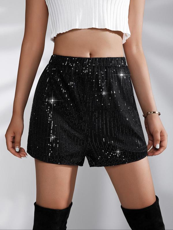 Women's Sequins High Waist Shorts, Elegant Fashion Elastic Waist Straight Leg Shorts for Daily Outdoor Wear, Ladies Bottoms for All Seasons