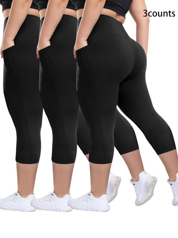  Plain Pocket High Waist Capris Leggings, Casual Comfy Breathable Skinny Capri Pants for Daily Wear, Leggings for Women, Women's Plus Bottoms for Summer