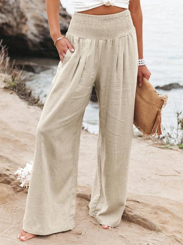 Women's Plain Pocket Shirred Wide Leg Pants, Going Out Outfits 2024, Casual Comfy High Waist Straight Leg Trousers for Summer, Fashion Women's Bottoms for Daily Wear