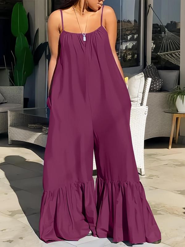 Women's Plain Ruffle Hem Cami Jumpsuit, Casual Adjustable Strap Wide Leg Jumpsuit for Summer, Women's Jumpsuit for Beach Holiday