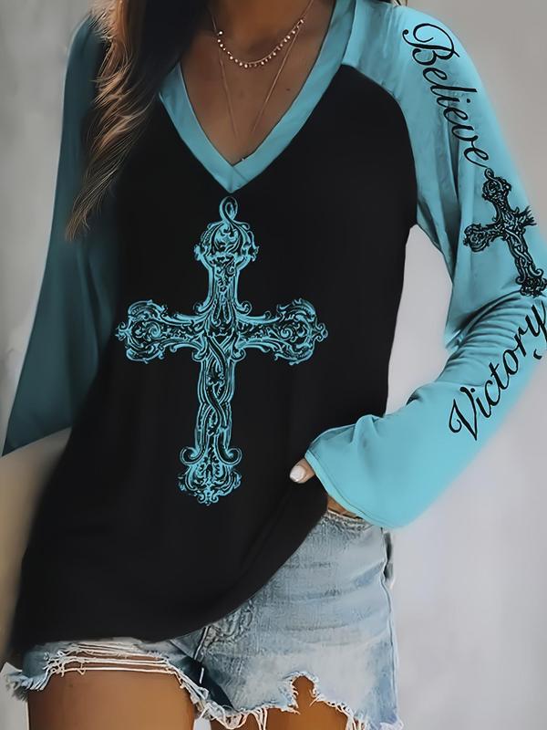  Colorblock & Cross Print Raglan Sleeve Tee, Casual Long Sleeve V Neck T-shirt for Fall & Winter, Women's Clothing for Daily Wear