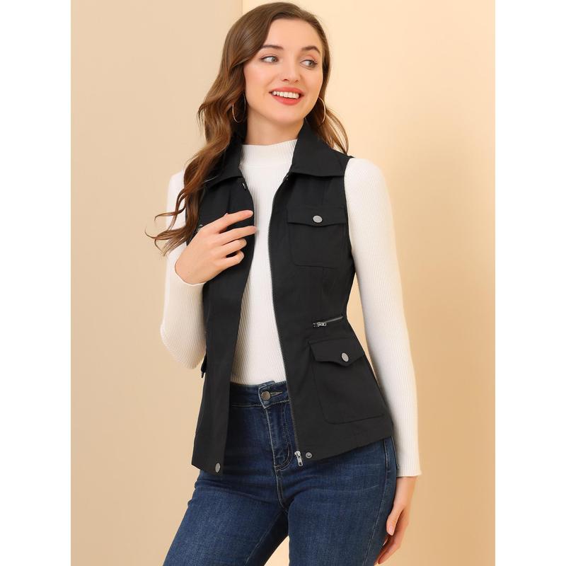 Allegra K Zip Up Jacket with Pockets Sleeveless Cargo Utility Vest Black