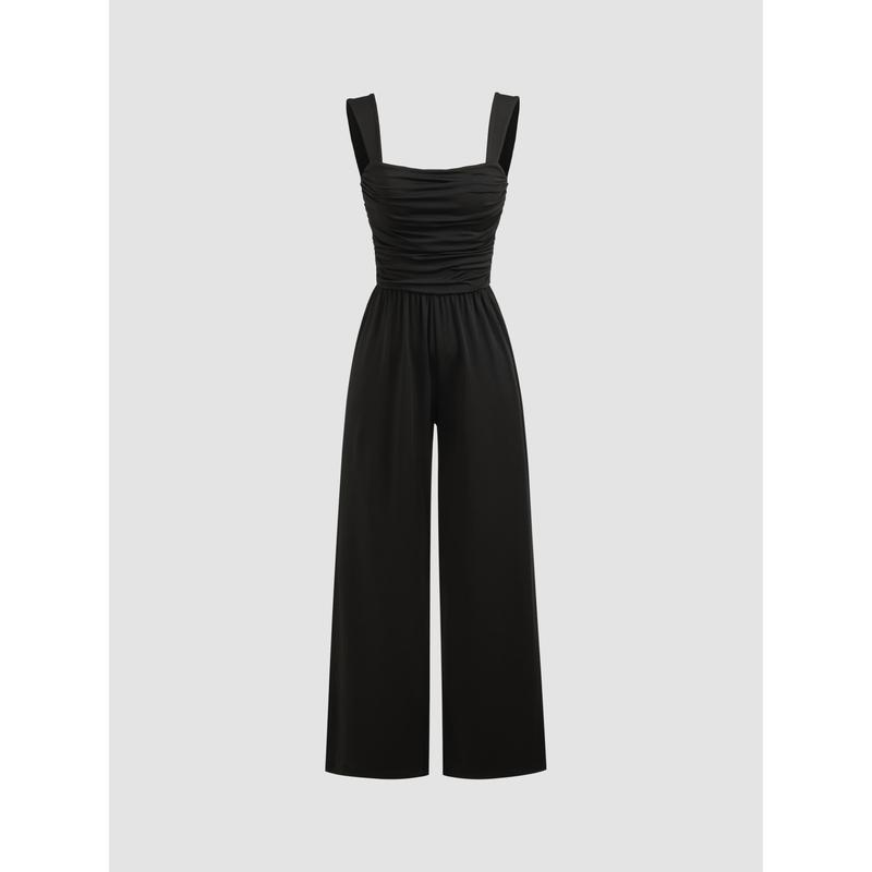 Cider [size 2-10] Square Neck Solid Ruched Bowknot Jumpsuit