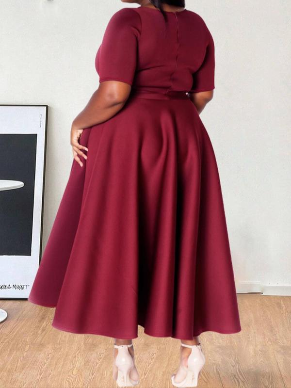  Plain V Neck A Line Dress, Elegant Short Sleeve Pliacted Dress for Party Holiday Wedding Guest, Women's Clothes for Fall & Winter