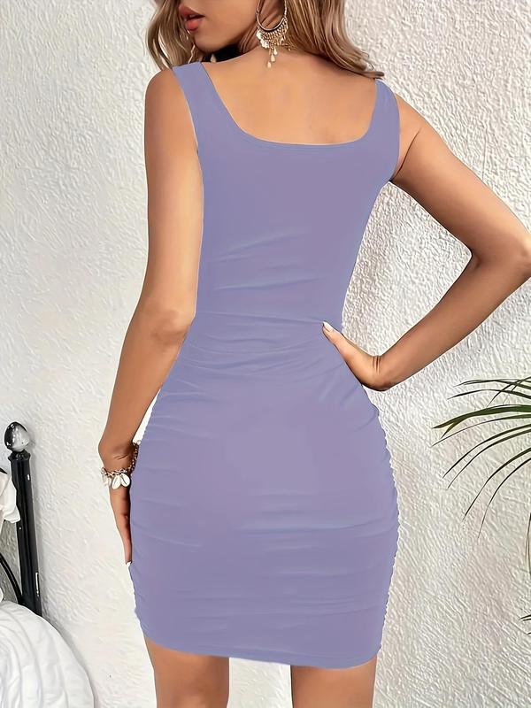 Women's Plain Ruched Asymmetrical Hem Bodycon Dress, Elegant Square Neck Sleeveless Tank Dress for Party Club Dating Wear, Ladies Summer Clothes