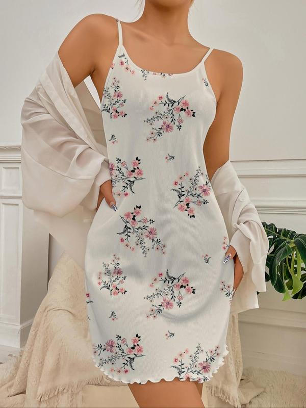 Women's Floral Print Lettuce Trim Cami Nightdress, Casual Summer Sleeveless Sleep Dress, Women's Sleepwear & Loungewear