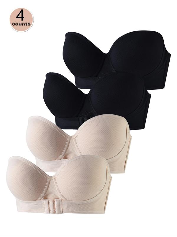 Women's Solid Color Detachable Straps Push Up Bra, Breathable Comfortable Strapless Bra, Women's Lingerie for All Seasons