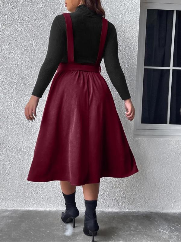 Plus Size Solid Button Front Belted Pinafore Skirt, Elegant High Waist Midi Skirt for Women, Women's Summer Bottoms,  Fall Dresses