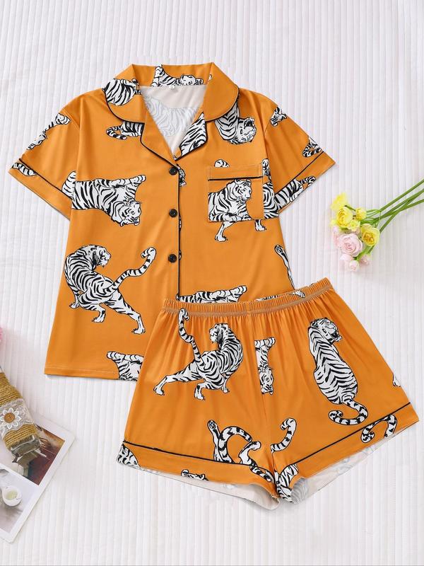 2 Pieces Women's Tiger Print Pocket Lapel Shortsleeve Shirt & Elastic Waist Shorts Pajama Set, Lady Casual Button Front Top & Shorts Homewear Set, Back-to-School Clothing, Summer Pajama Sets Women, PJ Sets for Women, Womenswear