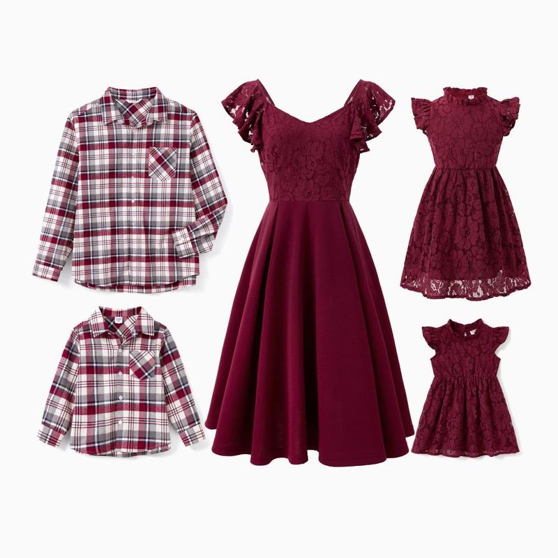 PatPat Family Matching Sets Plaid Shirt or Red Wine Lace Ruffle Sleeve A-Line Dress