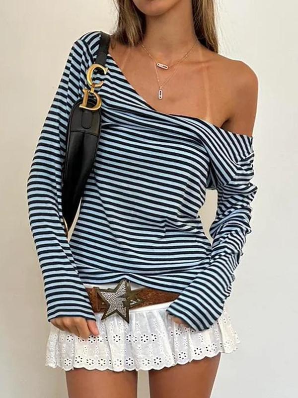 Women's Striped Print V Neck Tee, Fall Clothes, Casual Long Sleeve T-shirt for Fall, Women's Clothing for Daily Wear, Black Girl Outfits