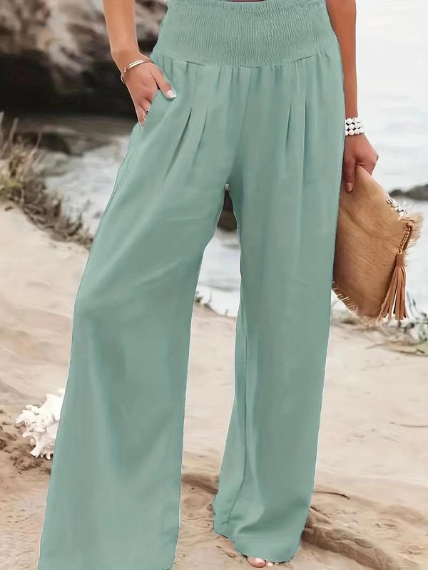 Women's Plain Pocket Shirred Wide Leg Pants, Going Out Outfits 2024, Casual Comfy High Waist Straight Leg Trousers for Summer, Fashion Women's Bottoms for Daily Wear