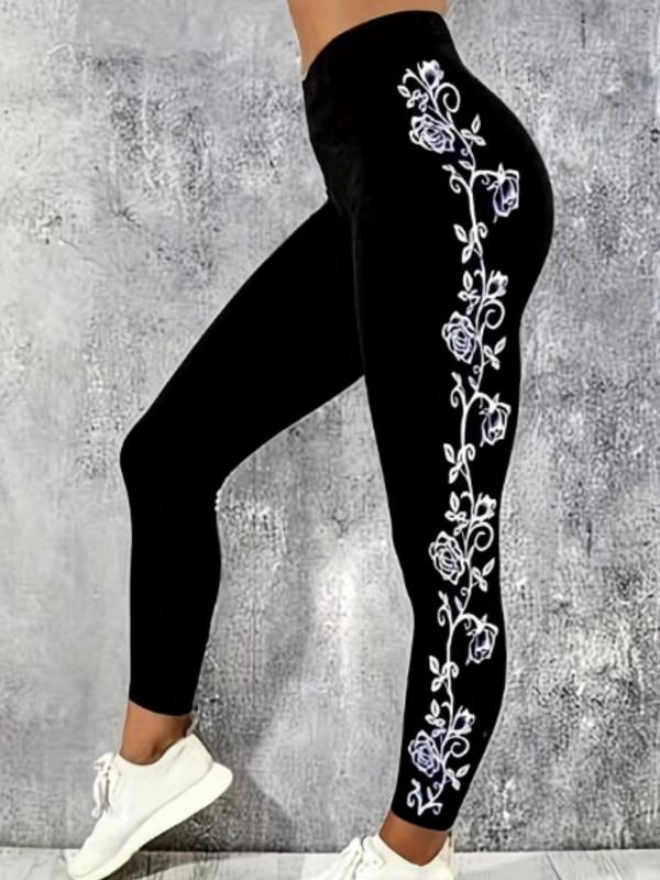 Women's Floral Print High Waist Leggings, Elegant Comfy Skinny Pants for Daily Wear, Ladies Bottoms for All Seasons