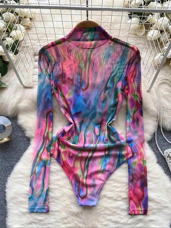 Women's Tie Dye Print Long Sleeve Bodysuit, Casual High Neck Bodysuit, Ladies Clothes for Spring & Fall