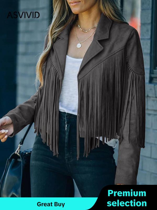 Women's Fringe Trim Lapel Collar Jacket, Casual Long Sleeve Open Front Outerwear for Spring & Fall, Ladies Clothes for Daily Wear, Winter Outfits 2024